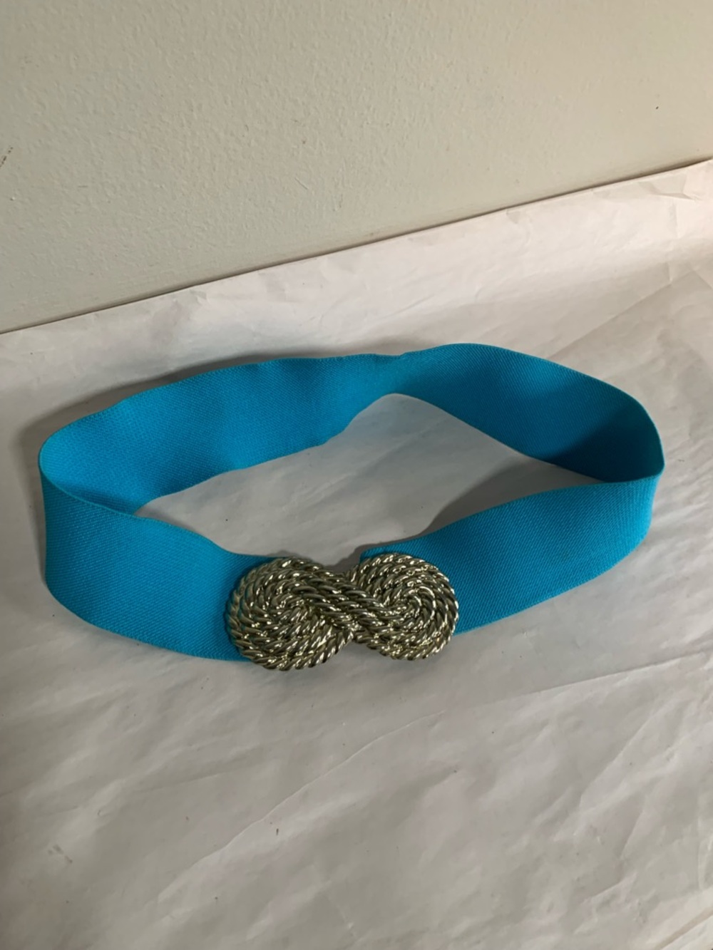 Vintage 1980s Turquoise Elastic Cinch Belt w/ Massive Gold Rope Buckle 29”